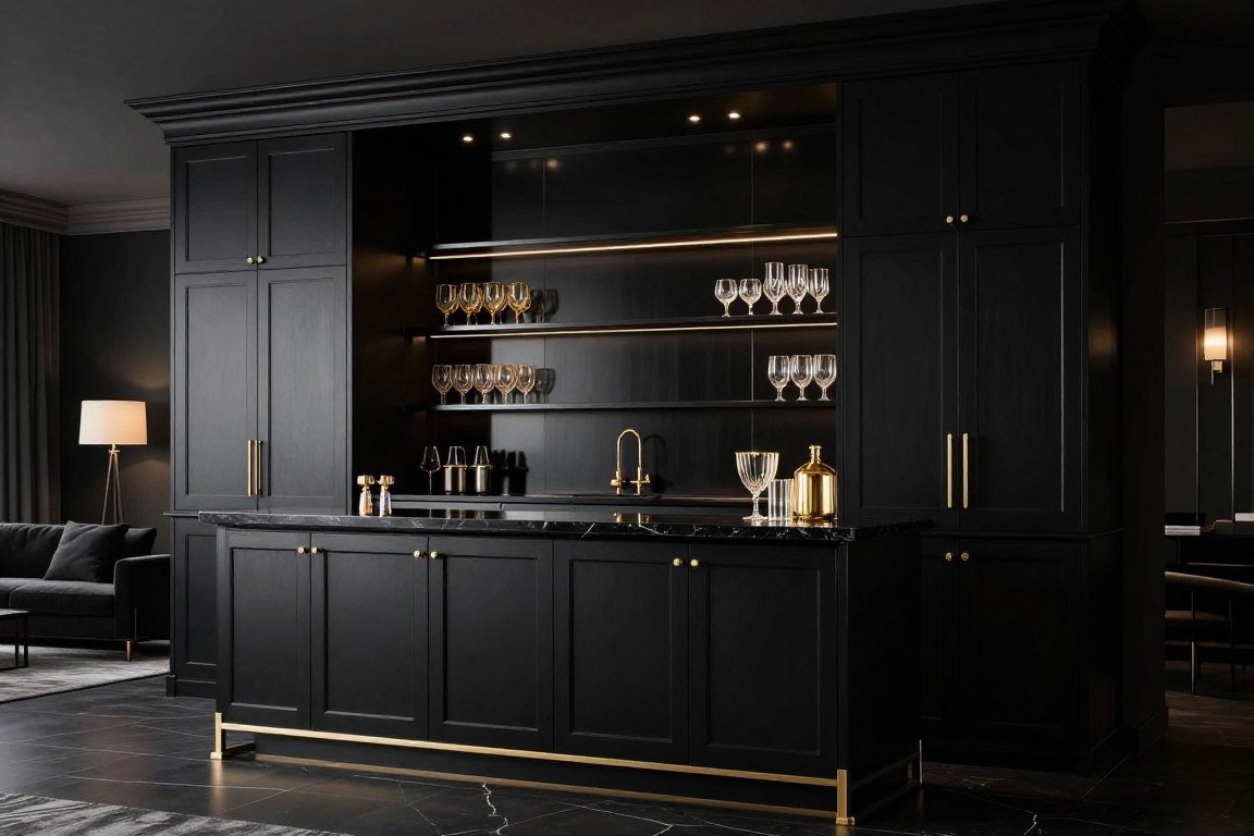 Sophisticated all-black bar with luxurious gold hardware for built-in bar ideas