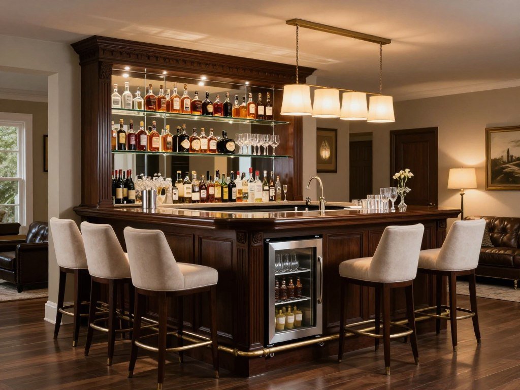 Sophisticated home bar in bonus room with wet bar and lounge seating