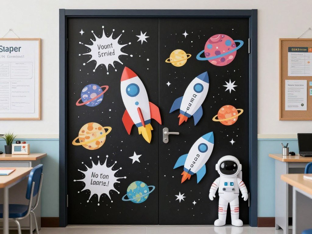 Space explorer themed classroom door with planets and rockets
