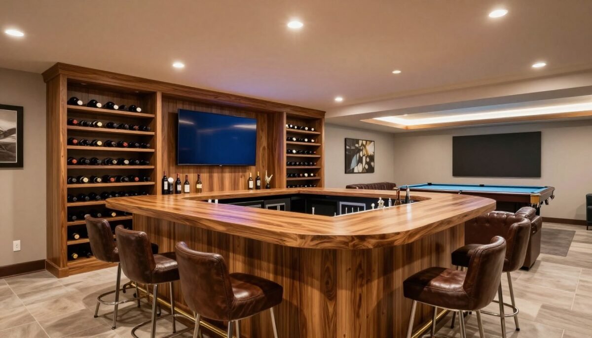 Spacious basement bar with entertainment center and lounge seating