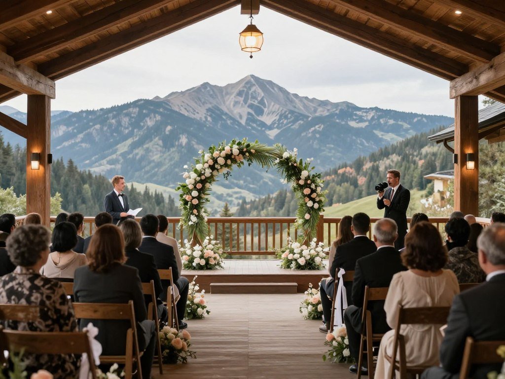 Special event setup at Dancing Bear Lodge with mountain backdrop