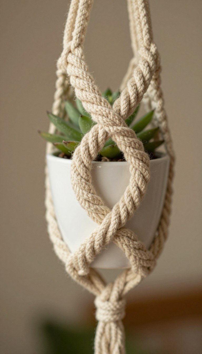Spiral knot macrame plant hanger showing twisted rope pattern