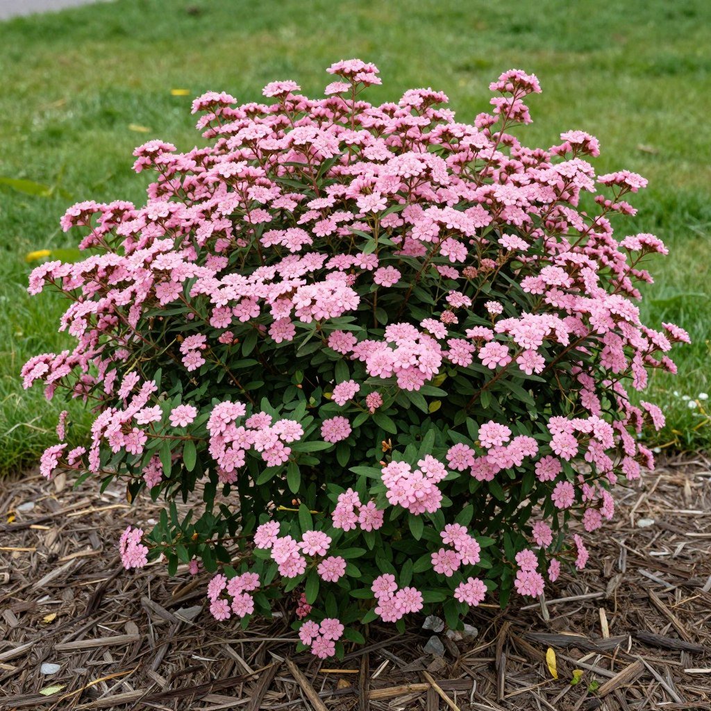 Spirea shrub with pink blooms