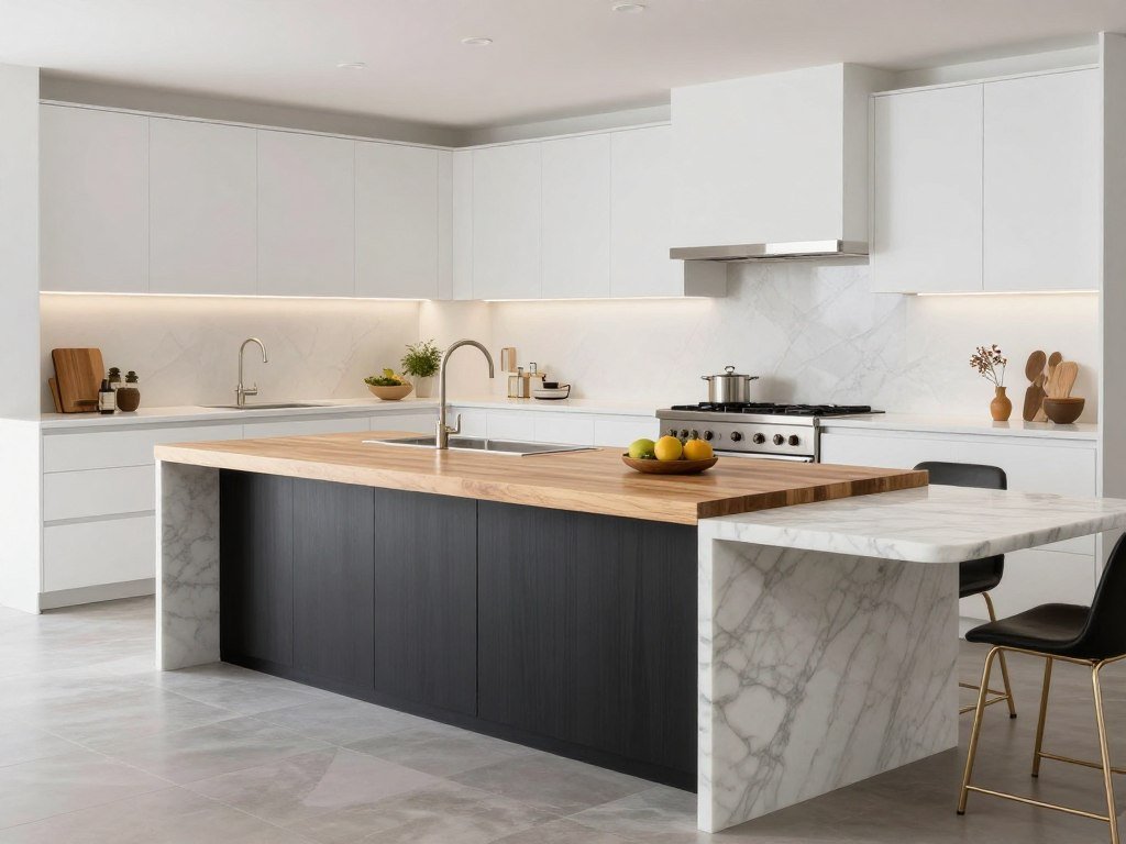 Split-level kitchen island with contrasting materials