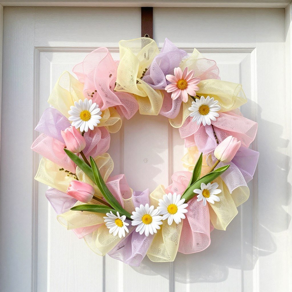 Spring flower deco mesh wreath with pastel colors on white door