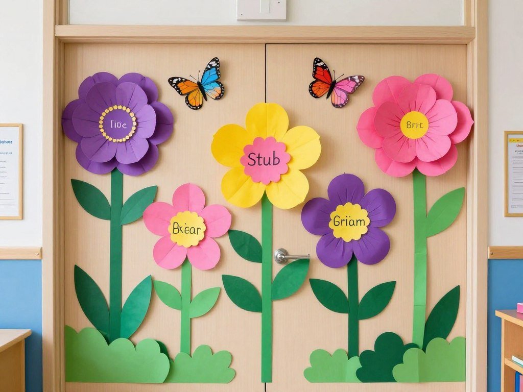 Spring garden themed teacher door with colorful flowers and butterflies
