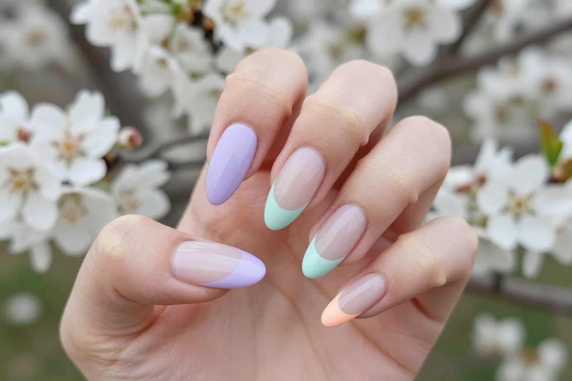 Spring pastel French tip almond nails