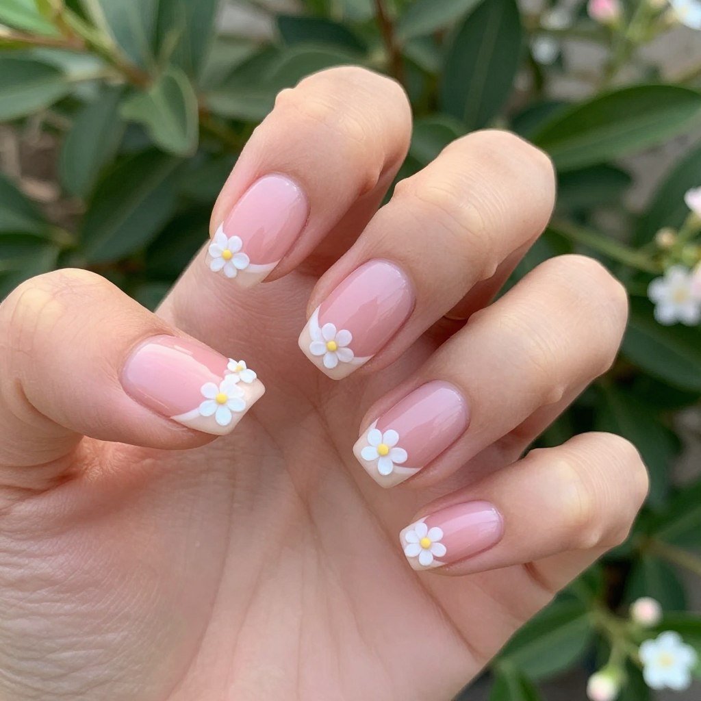 Spring-themed French tips with pastel colors and floral accents