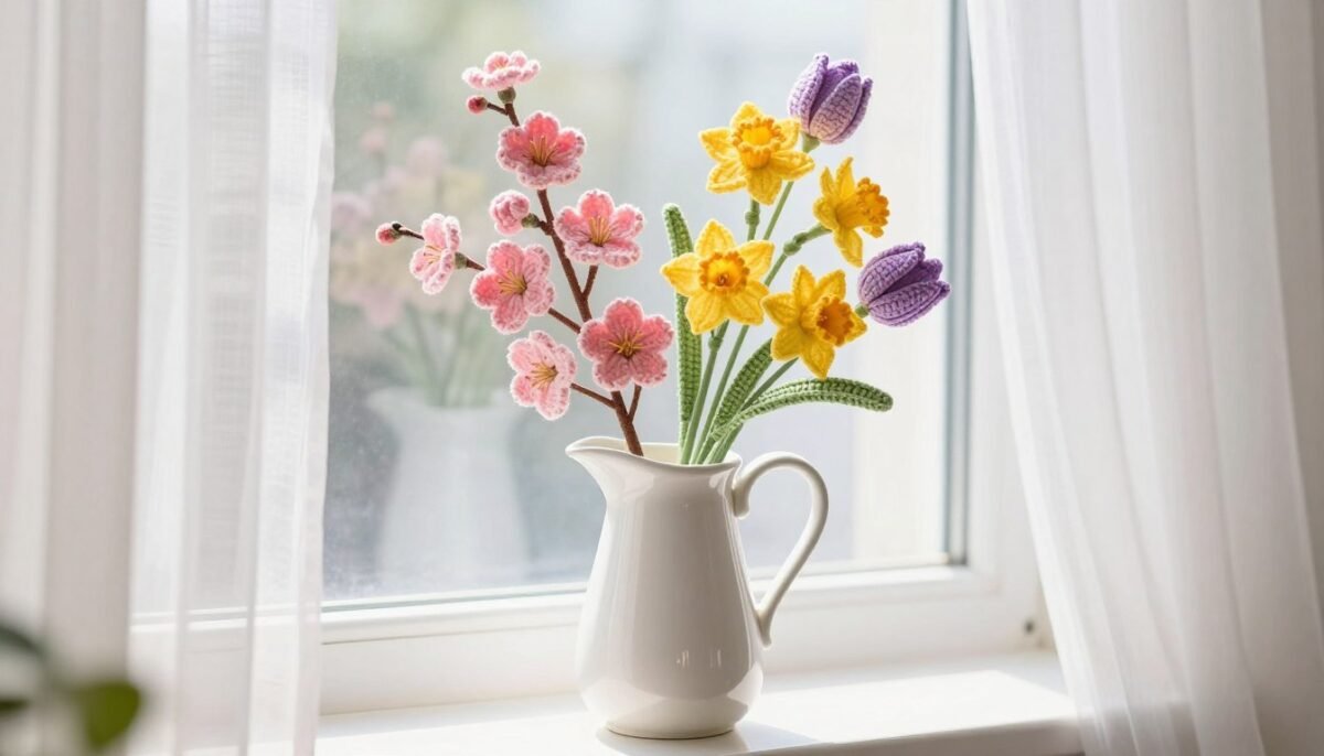 Spring themed crochet flower arrangement in pastel colors