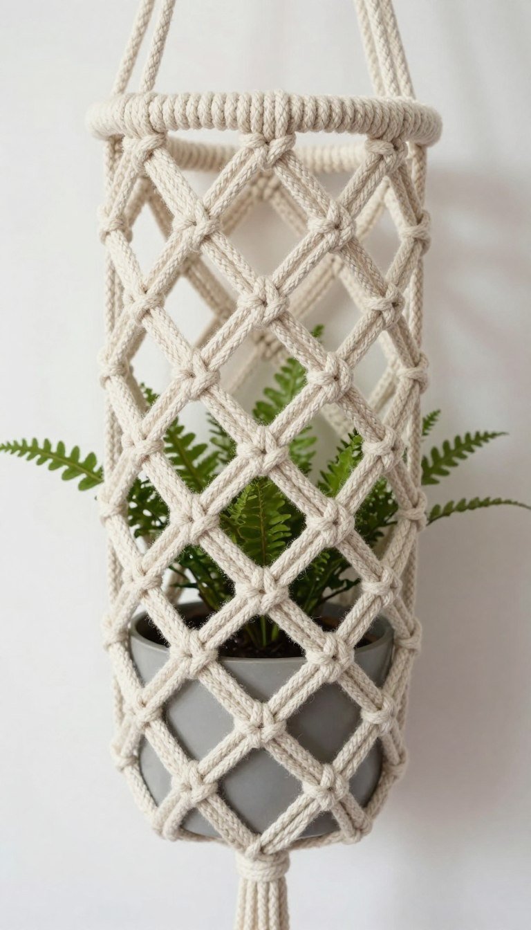 Square knot macrame plant hanger pattern with evenly spaced knots