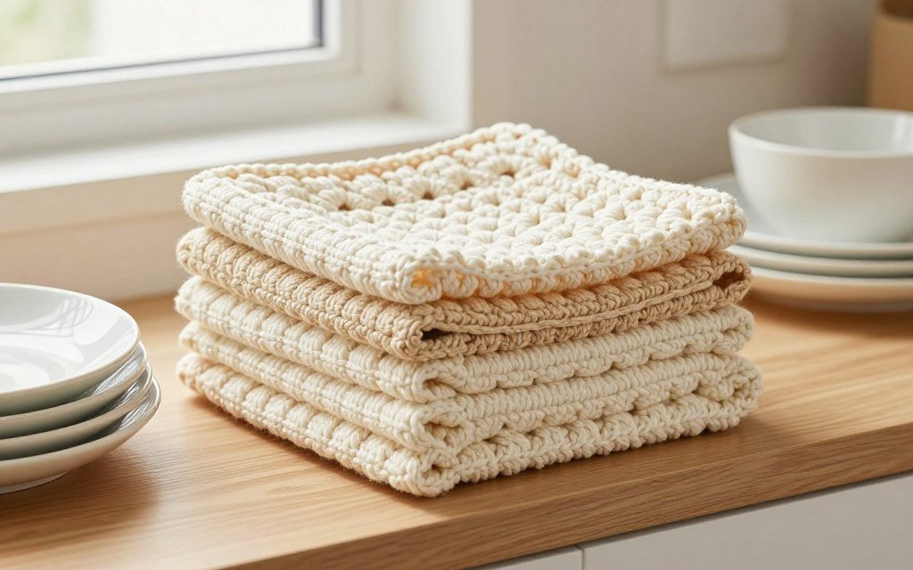 Stack of clean crochet potholders folded neatly