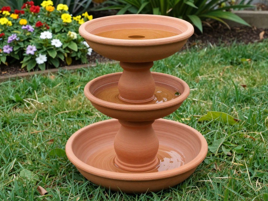 Stacked terra cotta pot bird bath in a garden