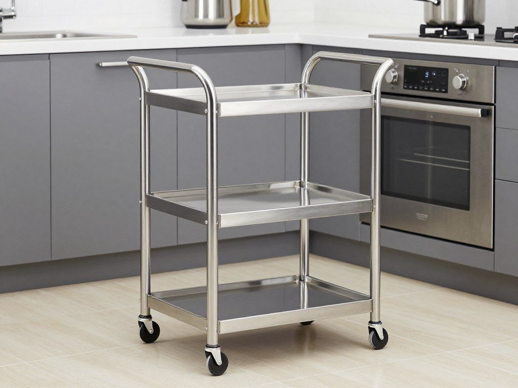 Stainless steel kitchen cart with multiple shelves and storage