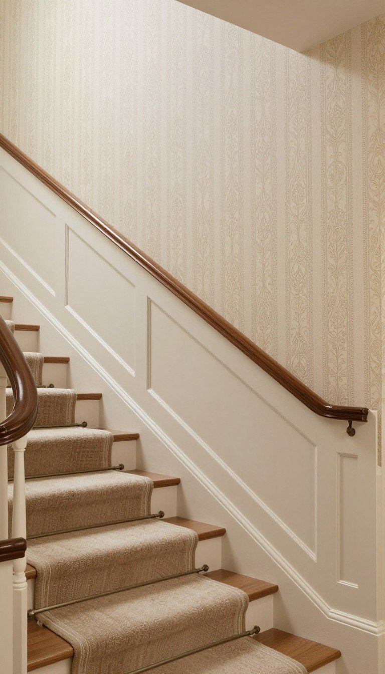 Staircase with wallpaper on upper walls and painted lower section