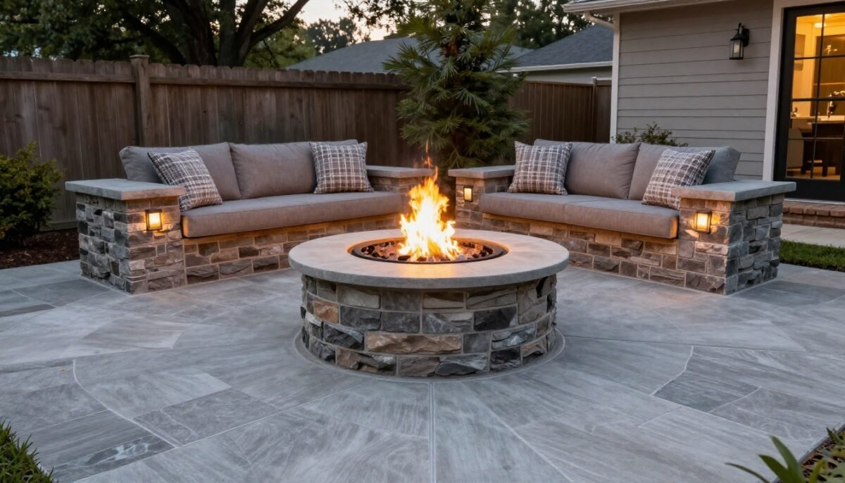 Stamped concrete patio featuring integrated fire pit area with surrounding seating