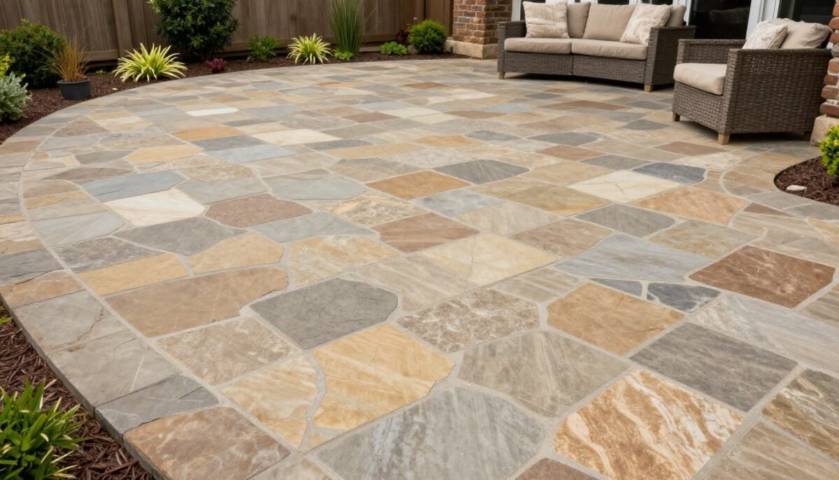 Stamped concrete patio mimicking irregular flagstone in earth tone colors with natural variations