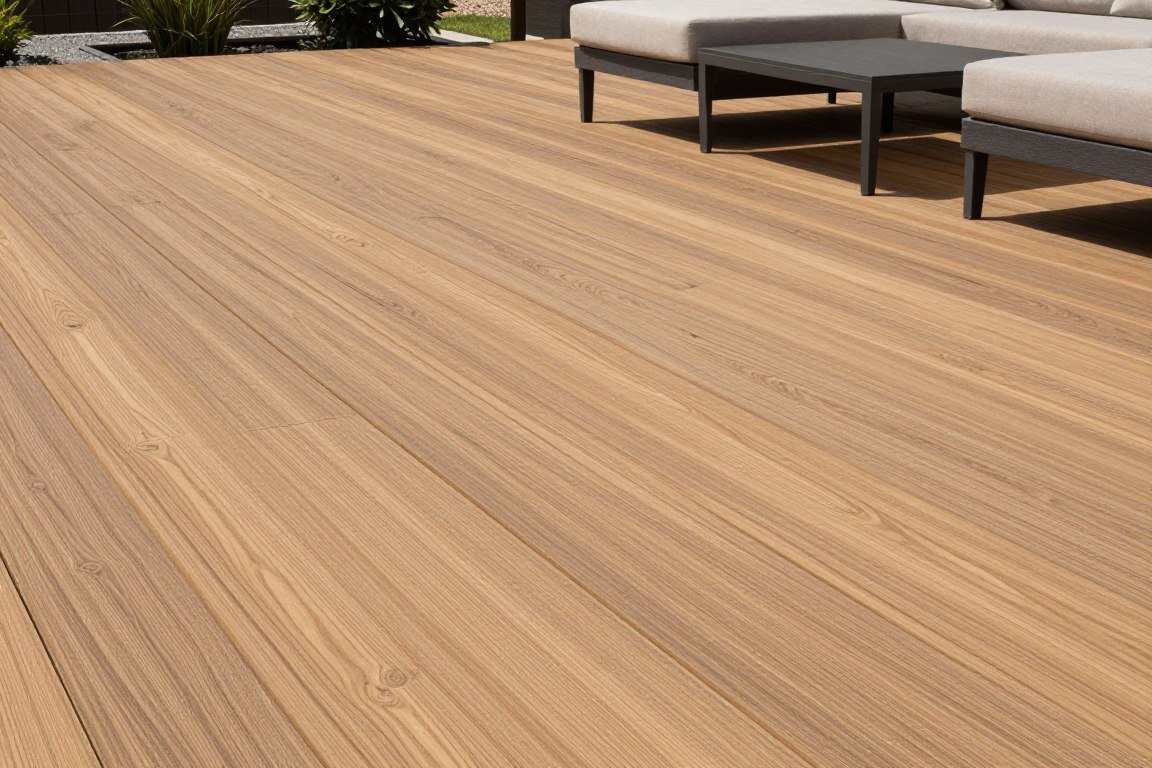 Stamped concrete patio with realistic wood plank texture in natural wood tones