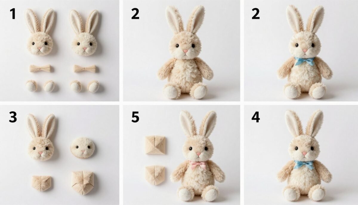 Step-by-step assembly process showing bunny construction stages