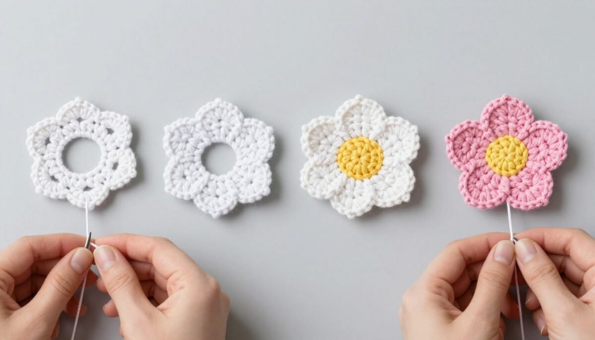 Step-by-step photos showing five-petal flower construction process