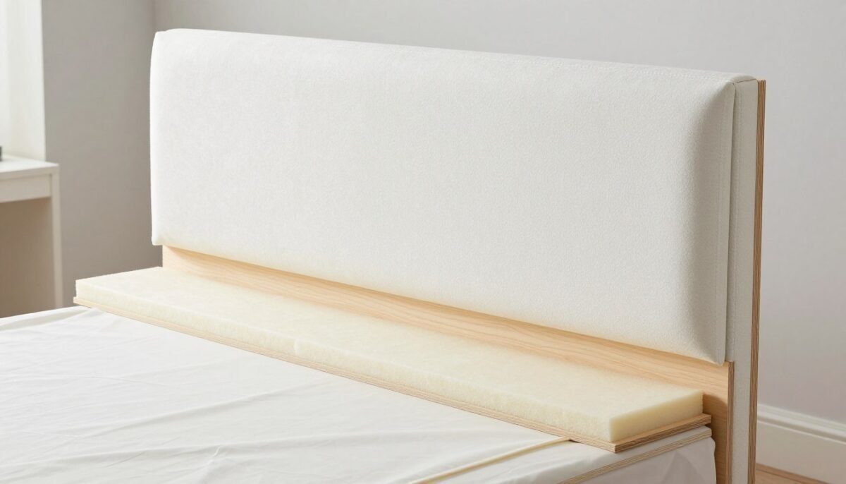 Step-by-step process photos showing upholstered headboard construction from plywood to finished piece