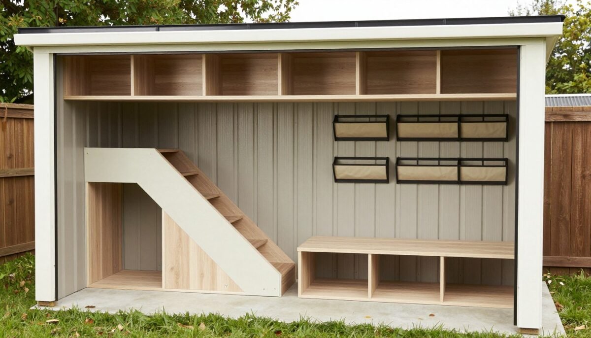Storage solutions in 16x40 shed house interior