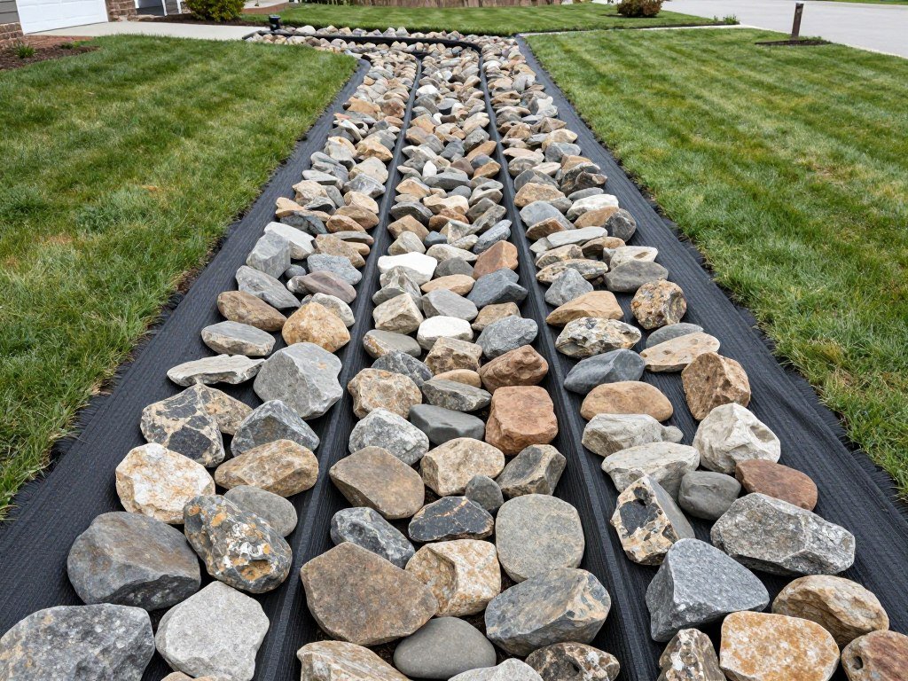 Straight dry creek bed channel with uniform rock placement