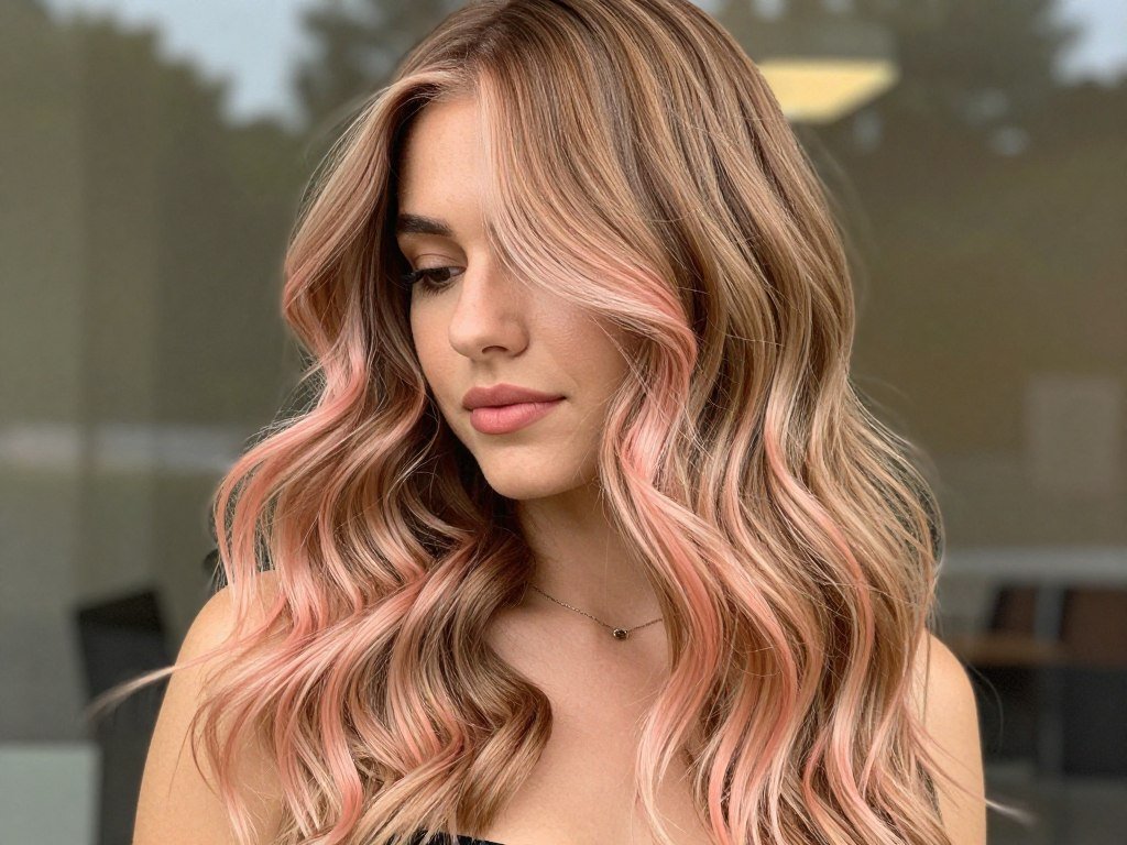 Strawberry blonde balayage on brown hair with peachy pink tones