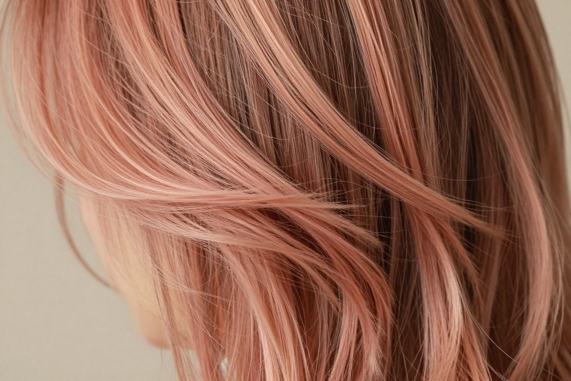 Strawberry blonde highlights showing peachy golden tones in brown hair