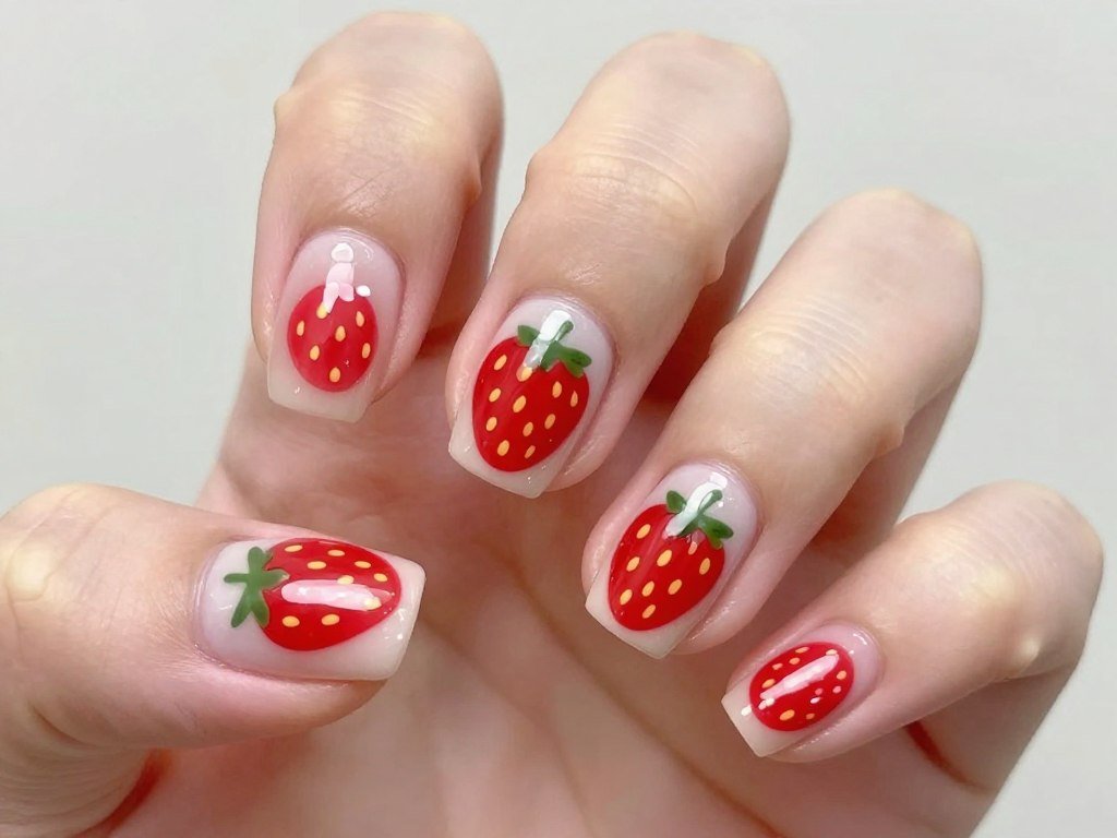 Strawberry patch June nails with red berries and green leaves