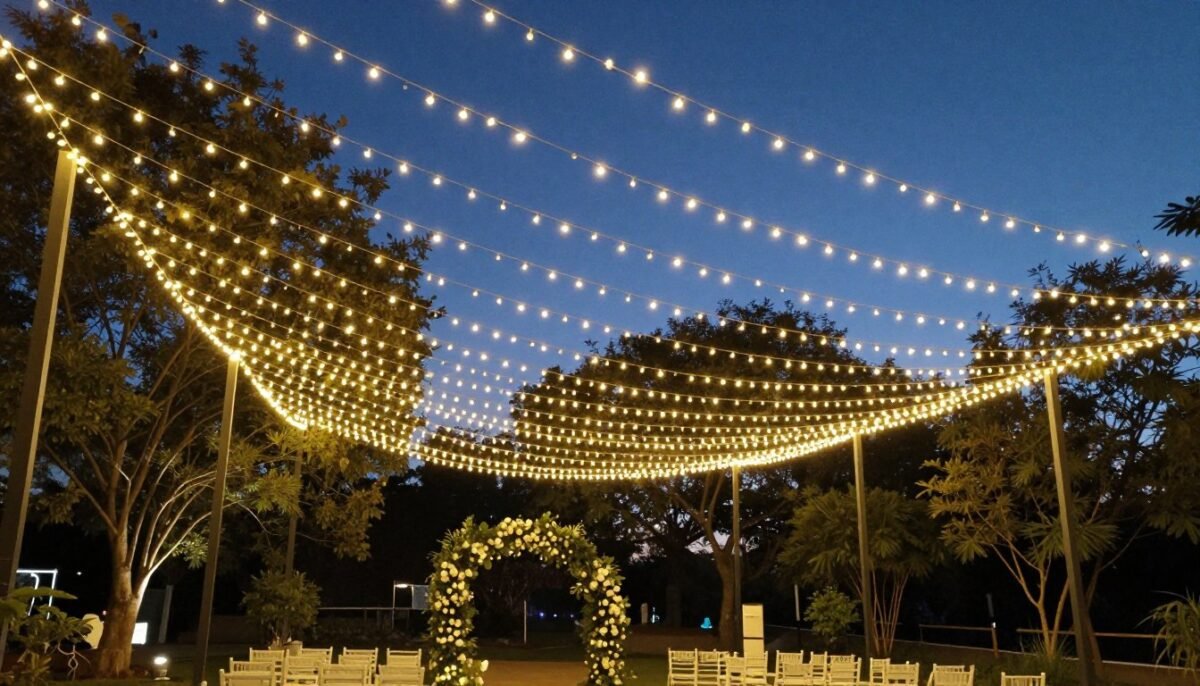 String lights creating magical canopy over backyard wedding ceremony area