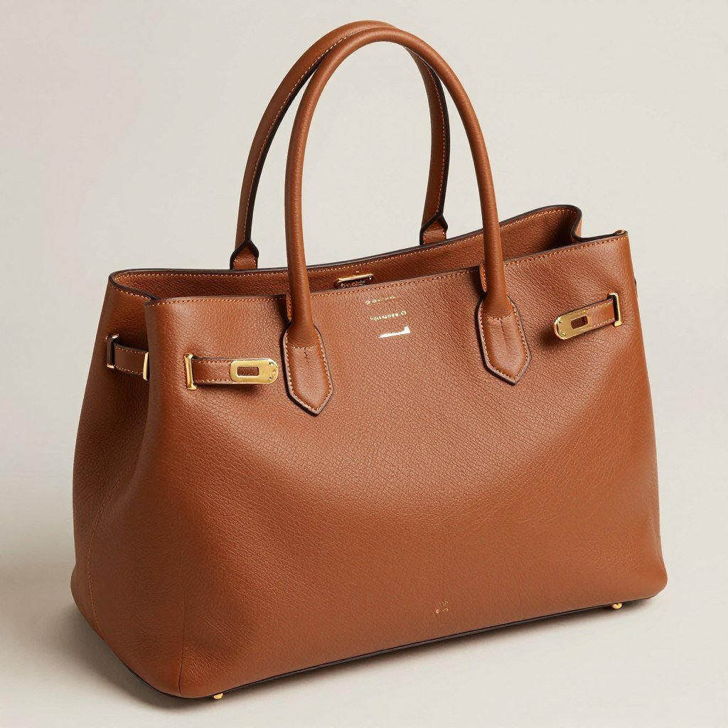 Structured leather tote bag in cognac color