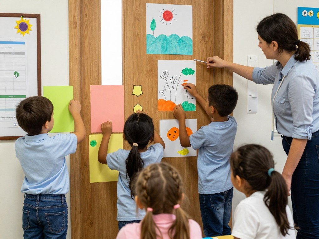Students working together to create and install classroom door decorations