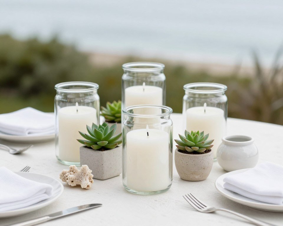 Styled coastal vignette with candles and beach decor on lanai table