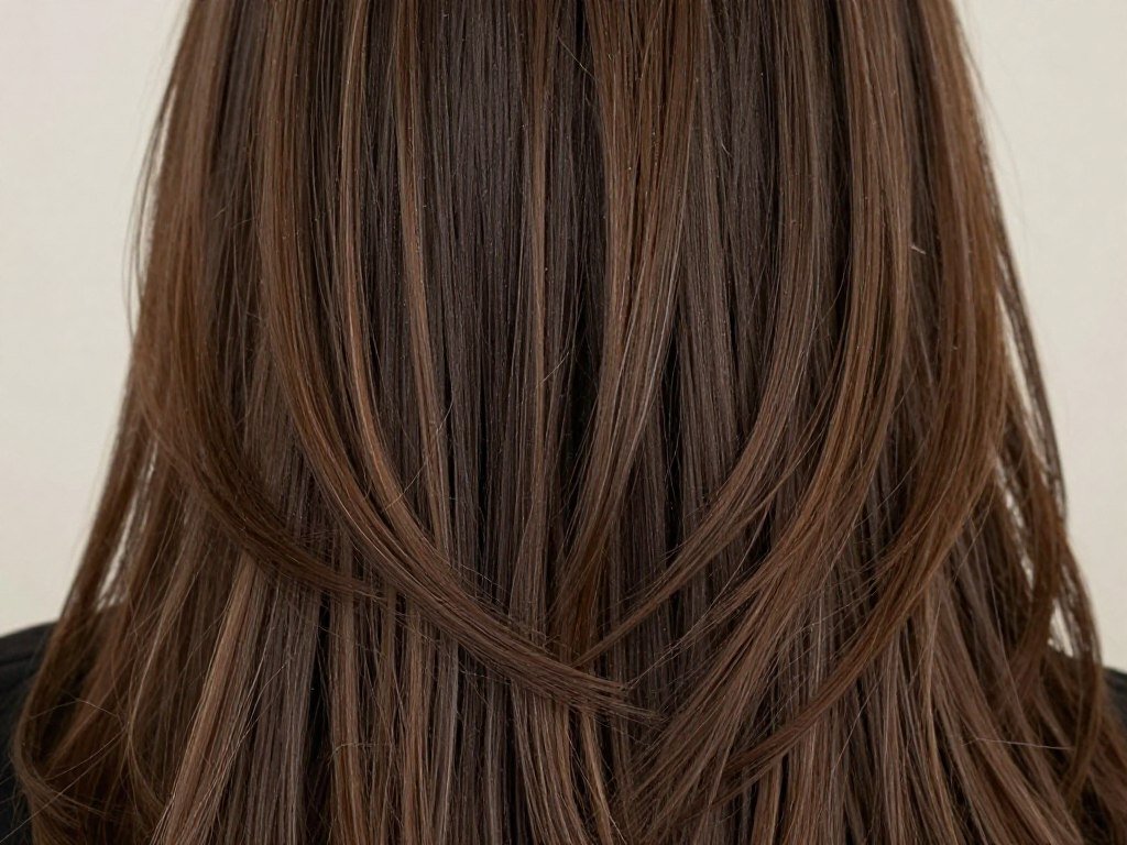 Subtle light brown balayage on dark brown hair with natural dimension