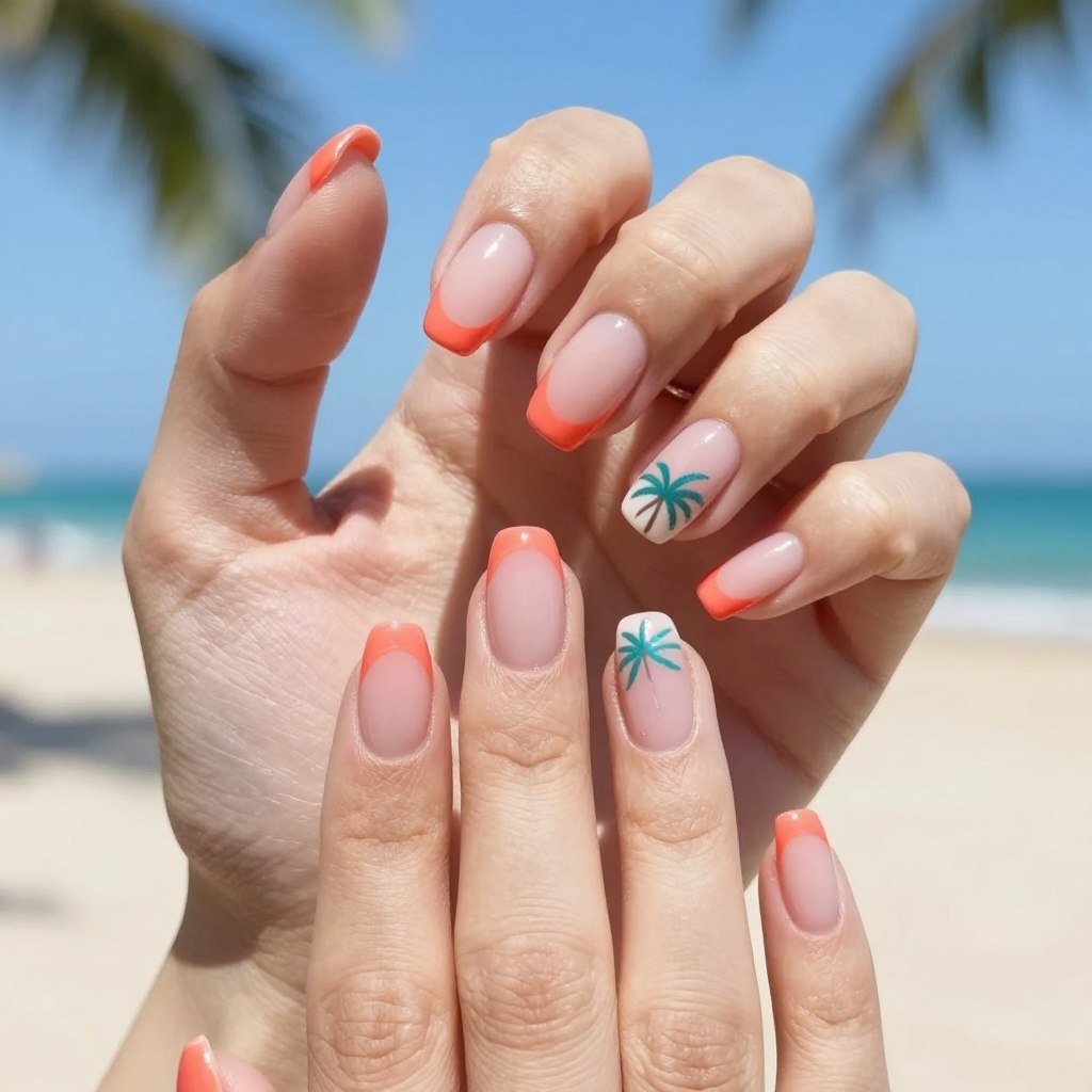 Summer French tips with bright tropical colors