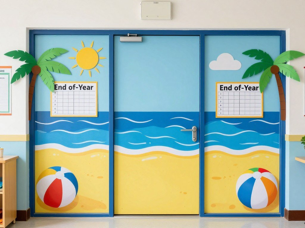 Summer beach themed classroom door decoration with ocean and sand