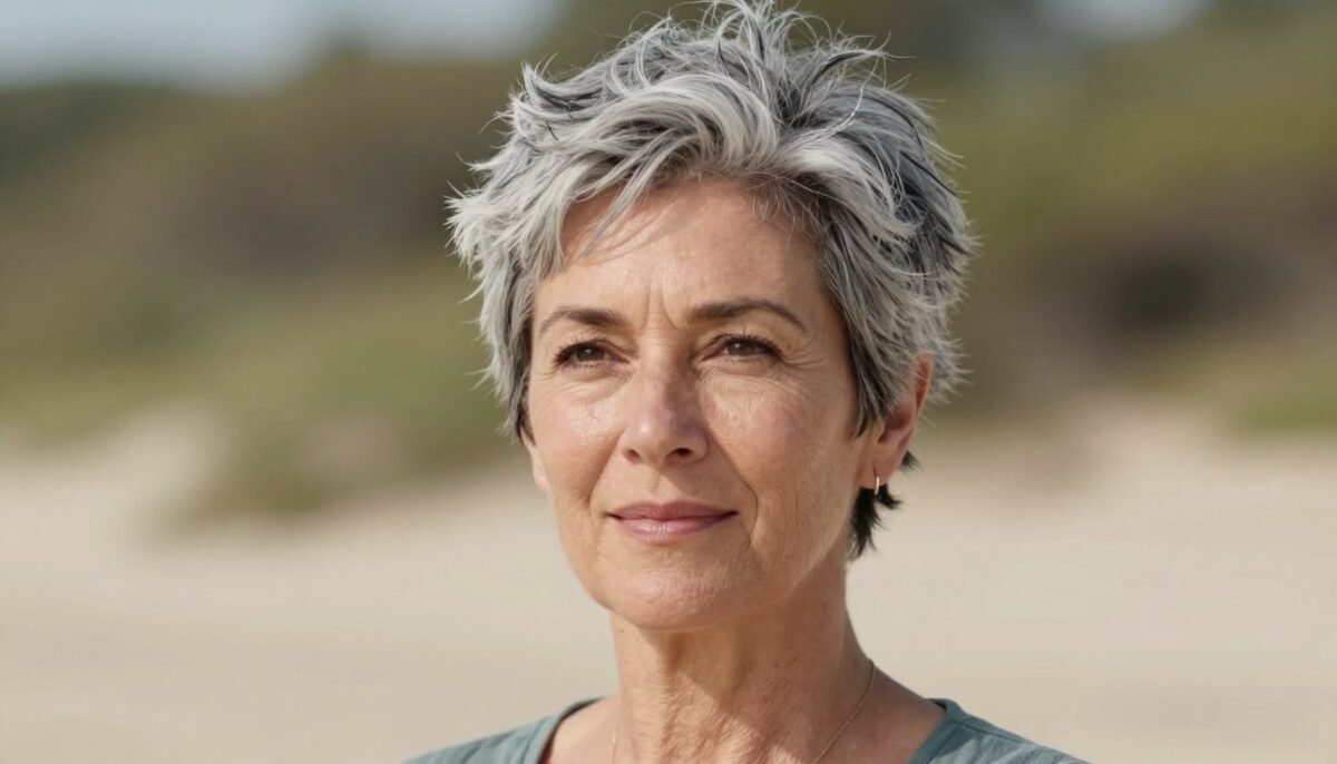 Summer-friendly short gray hairstyle with natural texture