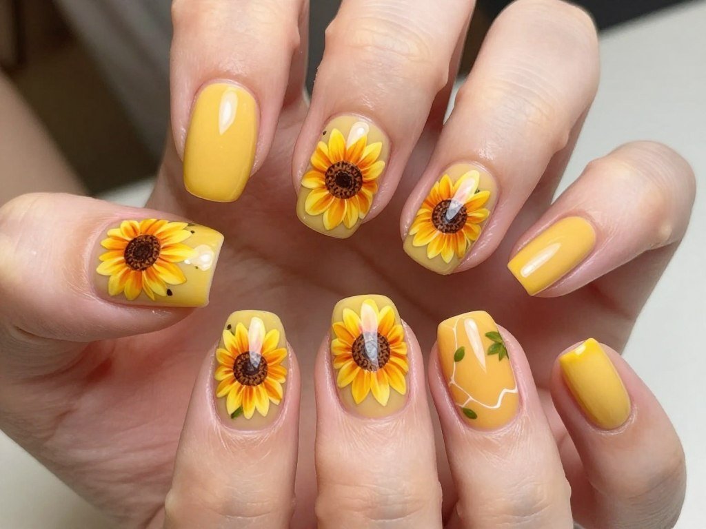 Sunflower accent nails on yellow base for June manicure