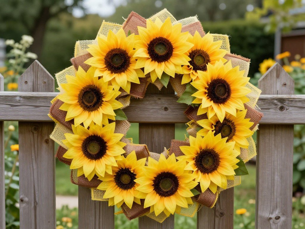 Sunflower themed mesh wreath hanging outdoors