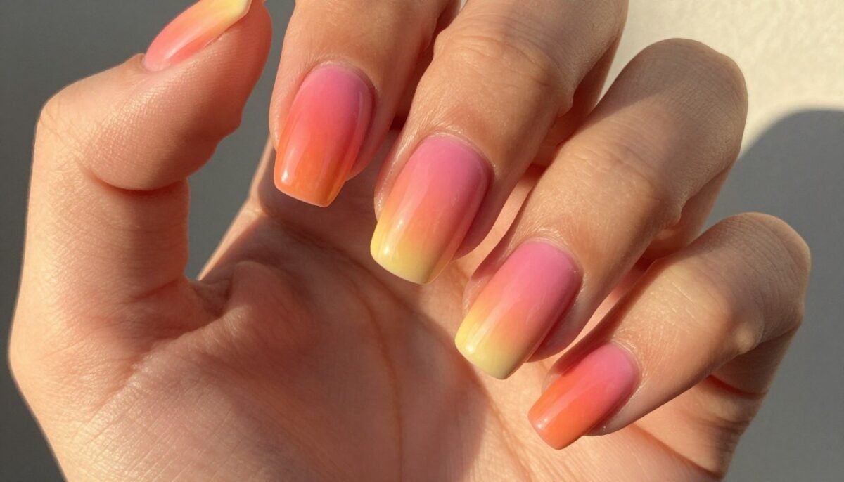 Sunset ombre French tips with coral, peach, and yellow tones Sunset ombre French tips with coral, peach, and yellow tones