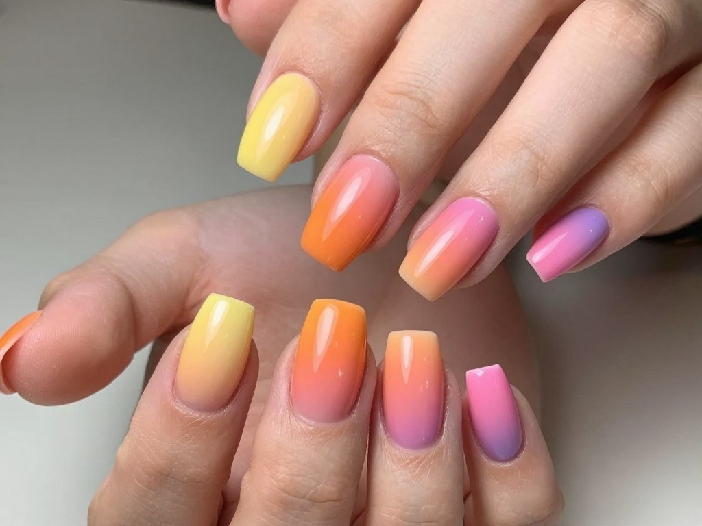 Sunset ombre June nails with orange pink and yellow gradient