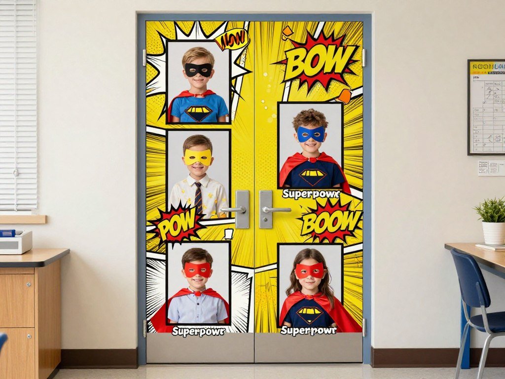 Superhero themed teacher door with student photos as heroes