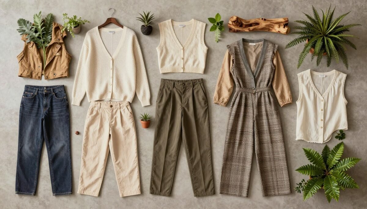 Sustainable fashion concept with upcycled clothing and natural elements