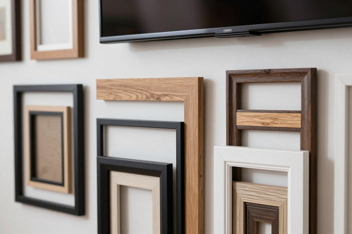 TV gallery wall showcasing various frame materials including wood metal and painted finishes