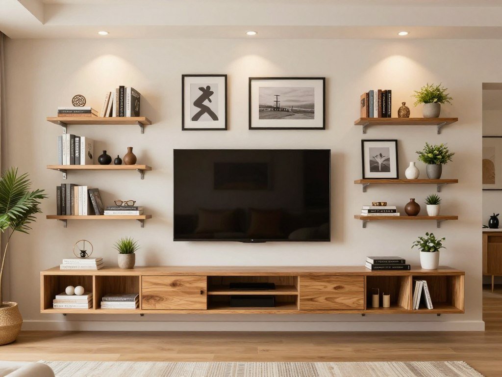 TV gallery wall with floating shelves displaying books and decor items integrated with frames