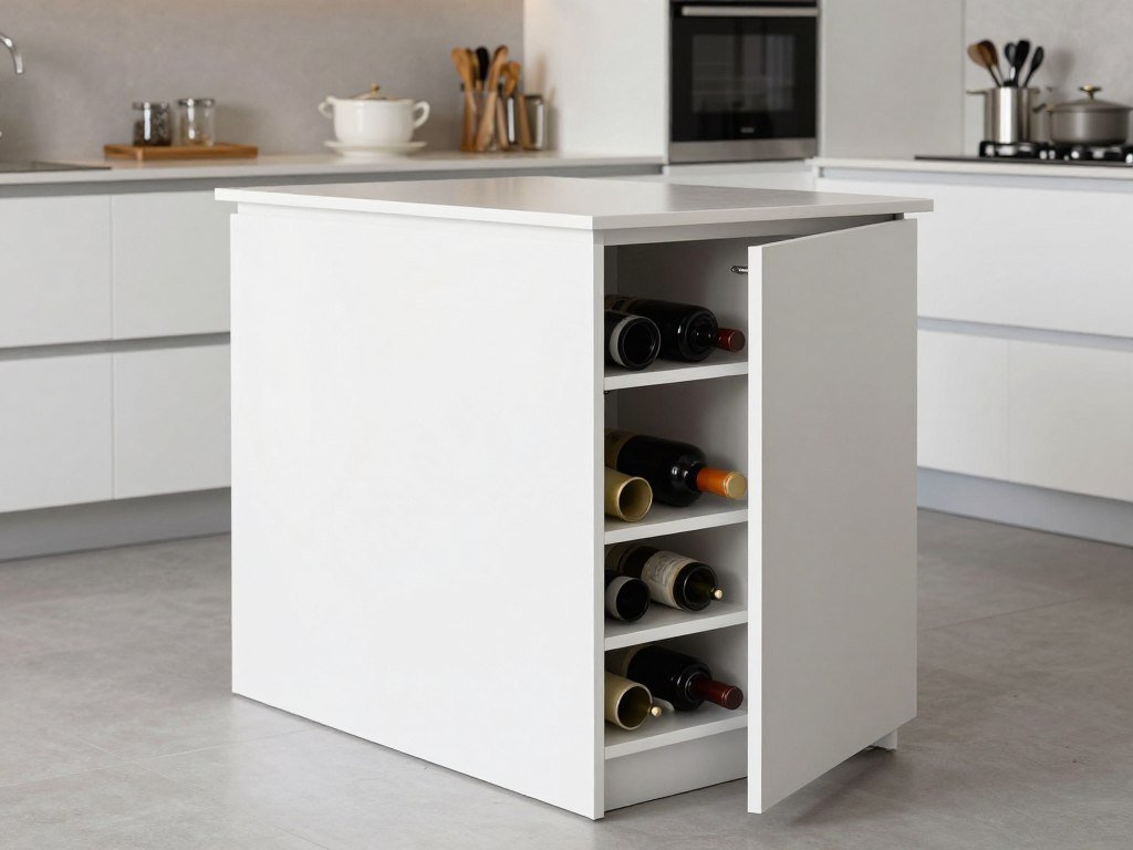 Tall narrow kitchen island with vertical storage solutions