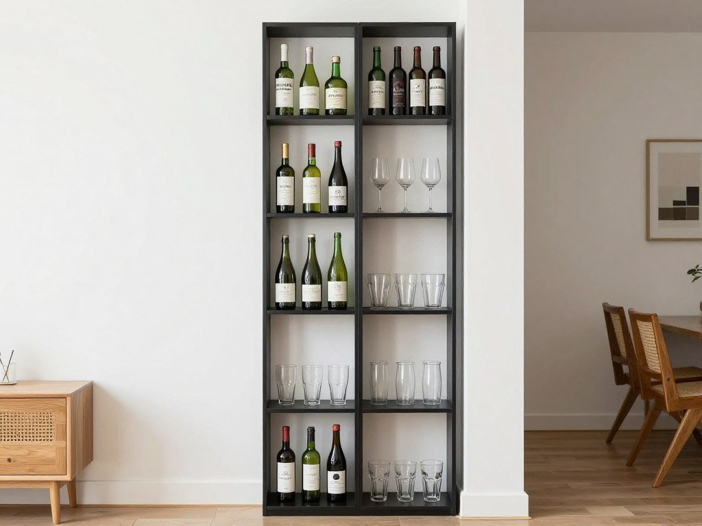 Tall narrow shelving unit with bar supplies in small apartment