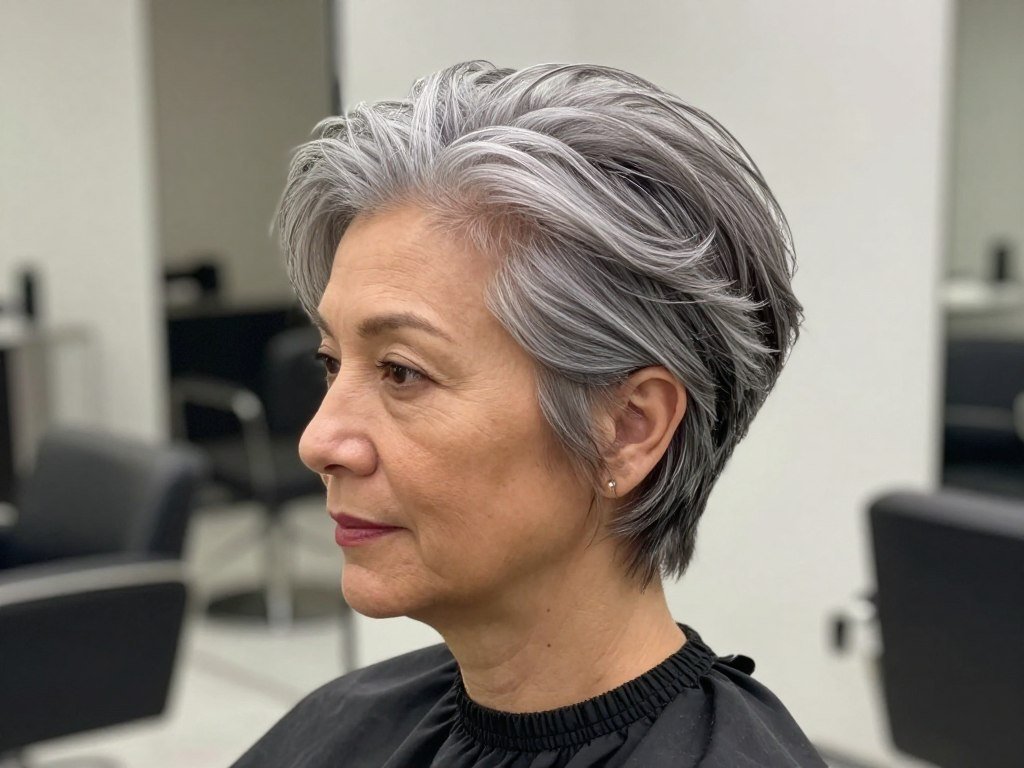 Tapered gray cut showing volume on top and shorter sides