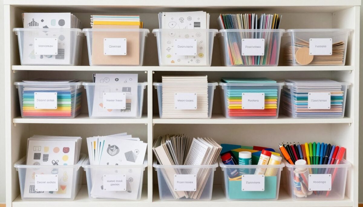 Teacher organizing and storing classroom door decoration materials and supplies