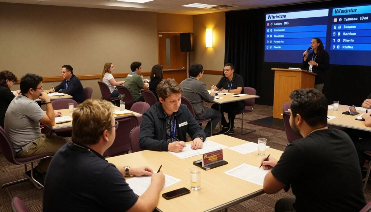 Teams competing in a lively trivia tournament with buzzers and answer sheets